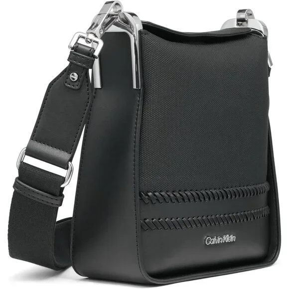 Fay North/South Small Black Canvas Crossbody Bag with Snap Closure